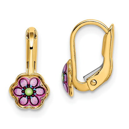 14k Yellow Gold Children's Enamel Flower Dangle Earrings Leverback
