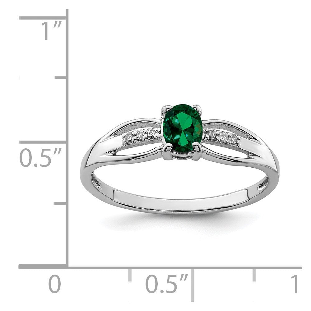 Sterling Silver Rhod-plated Diamond Created Emerald Ring Size 6