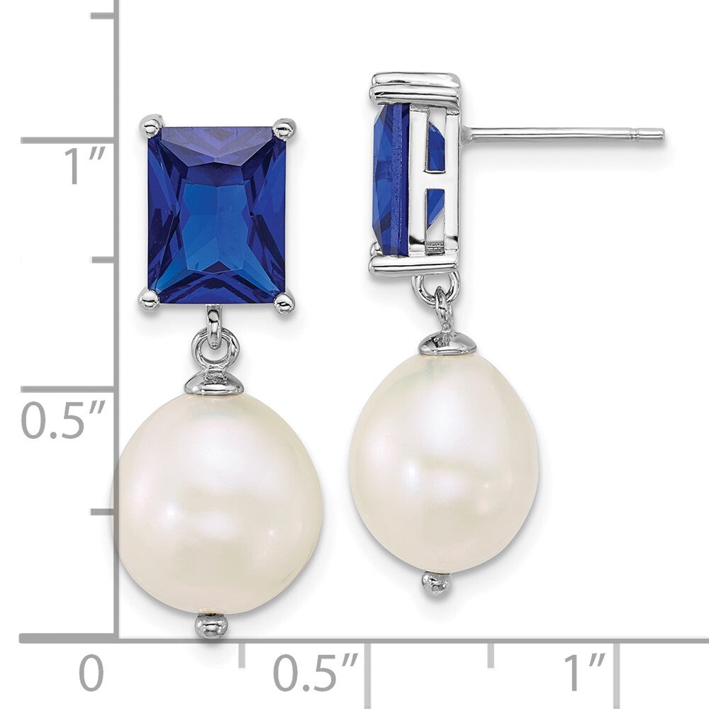 Sterling Silver Semi-Round Cultured Pearl & Blue Cubic Zirconia Dangle Earrings