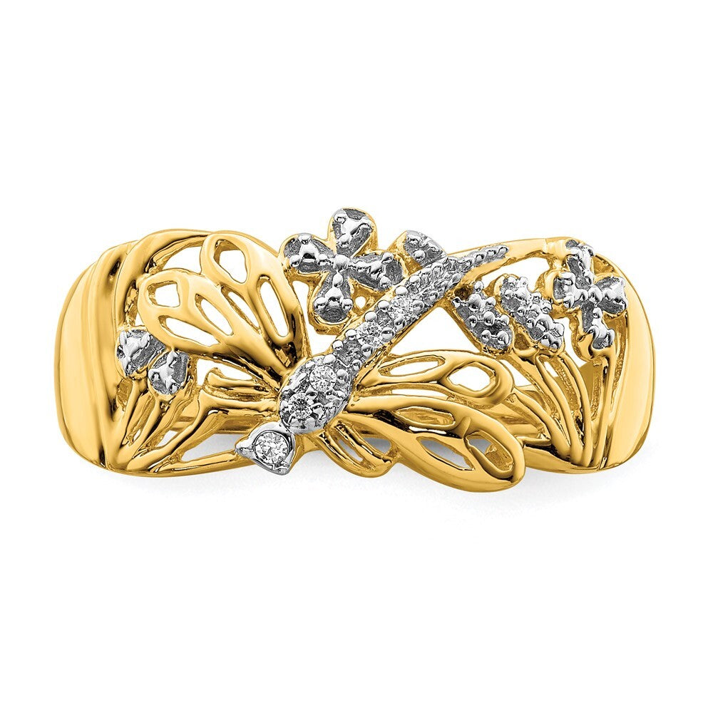 14K Yellow Gold Rhodium Diamond Dragonfly Ring Size 7