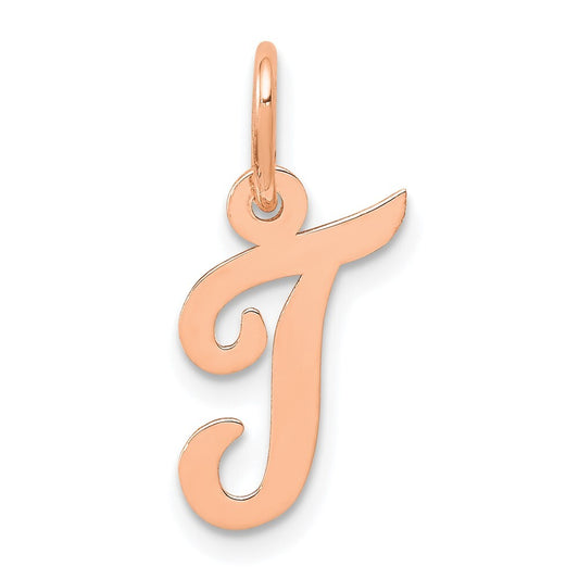 14k Rose Gold Small Script Letter T Initial Charm Pendant for Women