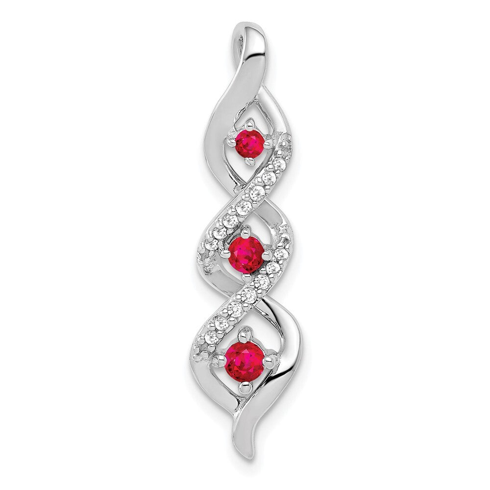 14k White Gold Diamond and .25 Ruby Twisted 3-stone Chain Slide Pendant