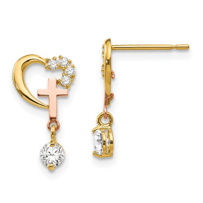 14k Two-tone Gold Cubic Zirconia Children's Cross & Heart Drop & Dangle Earrings