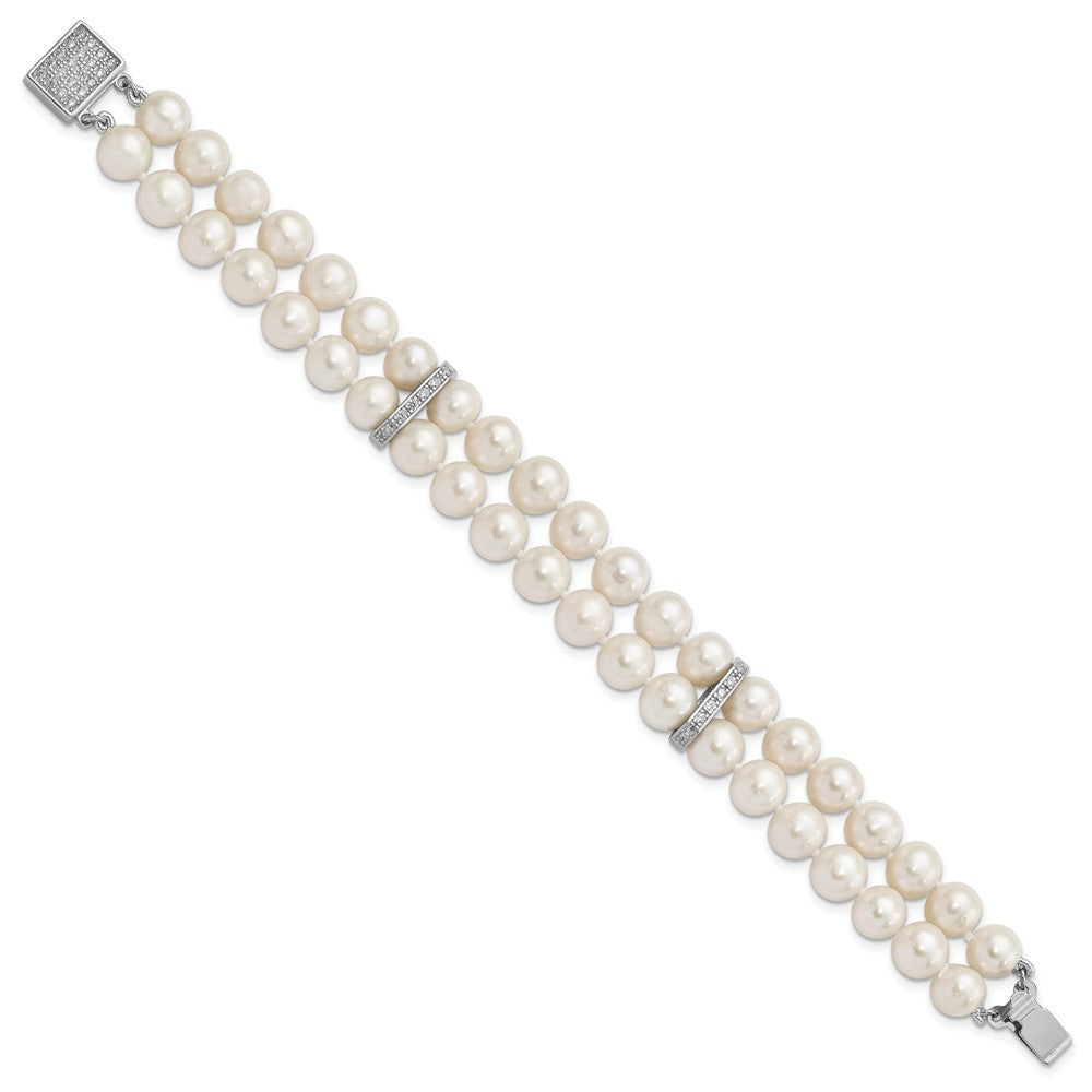 Sterling Silver 7-8mm White Near-round Cultured Pearl & CZ 2-Strand 7" Bracelet