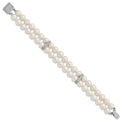Sterling Silver 7-8mm White Near-round Cultured Pearl & CZ 2-Strand 7" Bracelet