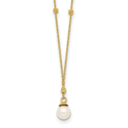 14k Yellow Gold Beaded Chain Necklace w/5mm Freshwater Cultured Pearl Necklace