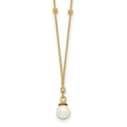 14k Yellow Gold Beaded Chain Necklace w/5mm Freshwater Cultured Pearl Necklace