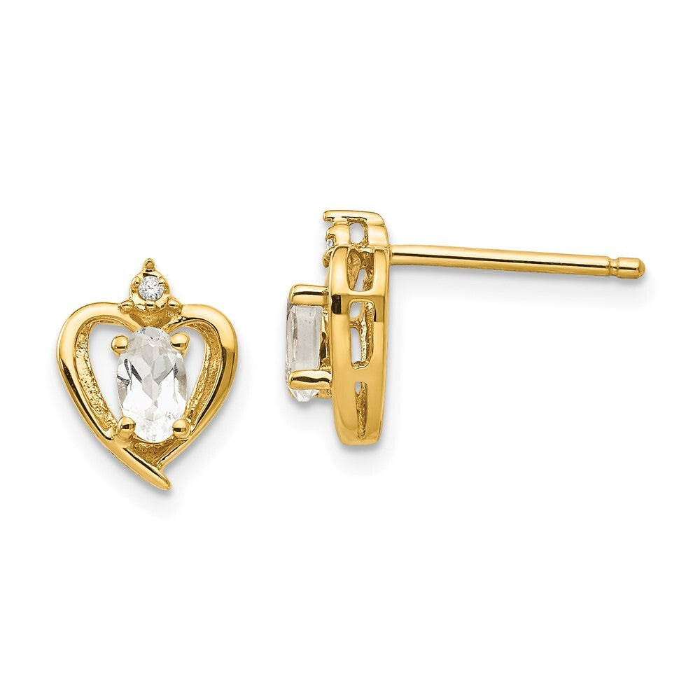 14k Yellow Gold White Topaz and Diamond Heart Stud Earrings Gift for Women