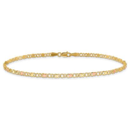 14k Polished and Satin Rose-plated X-and-Heart 10 inch Anklet