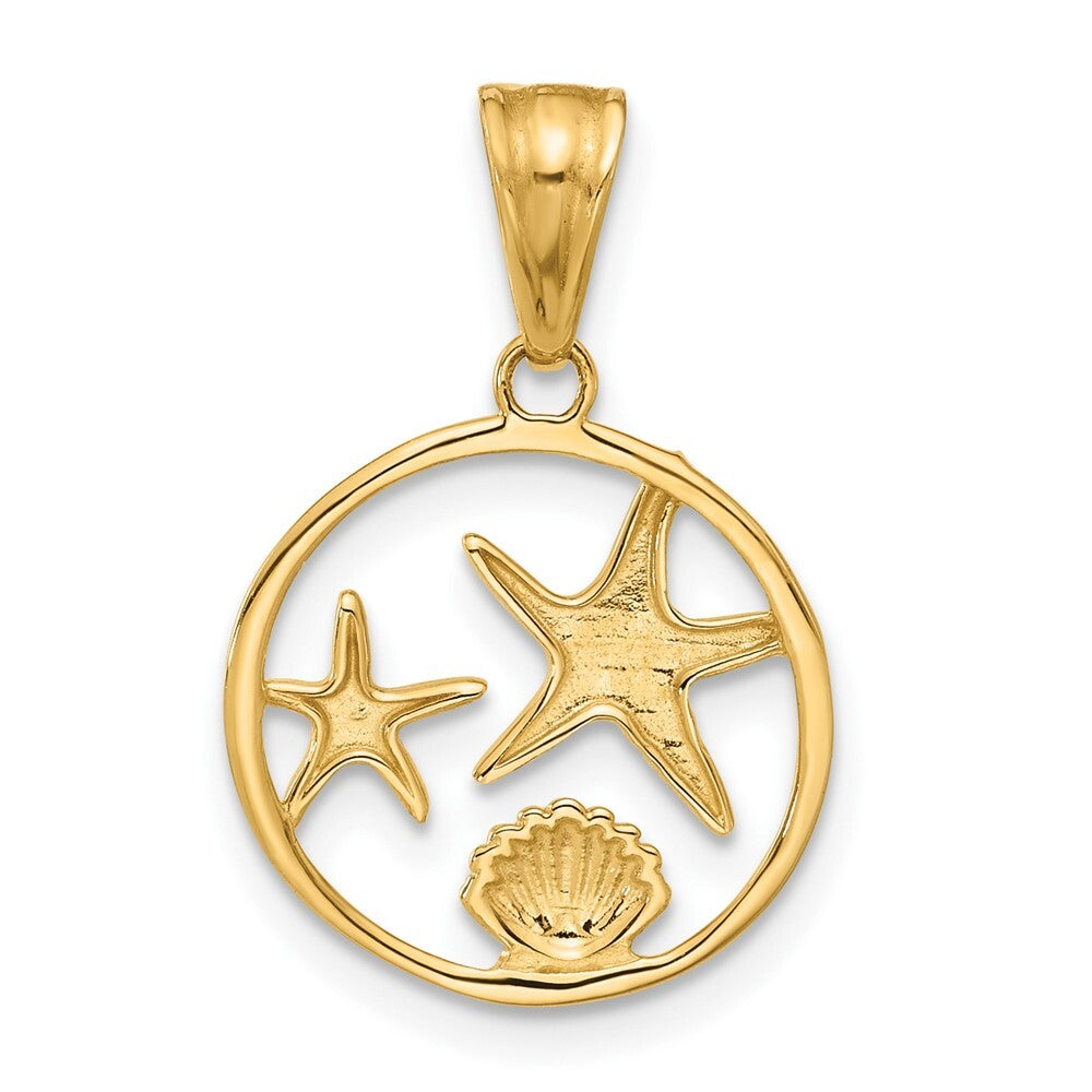 14k Yellow Gold White Rhodium Diamond Cut Starfish Seashell in Circle Pendant