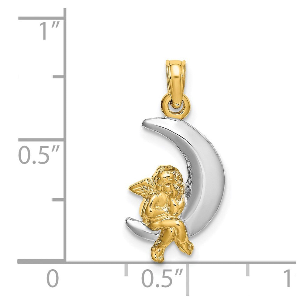14k Yellow Gold Rhodium 3-D Angel on Moon Charm Pendant for Women