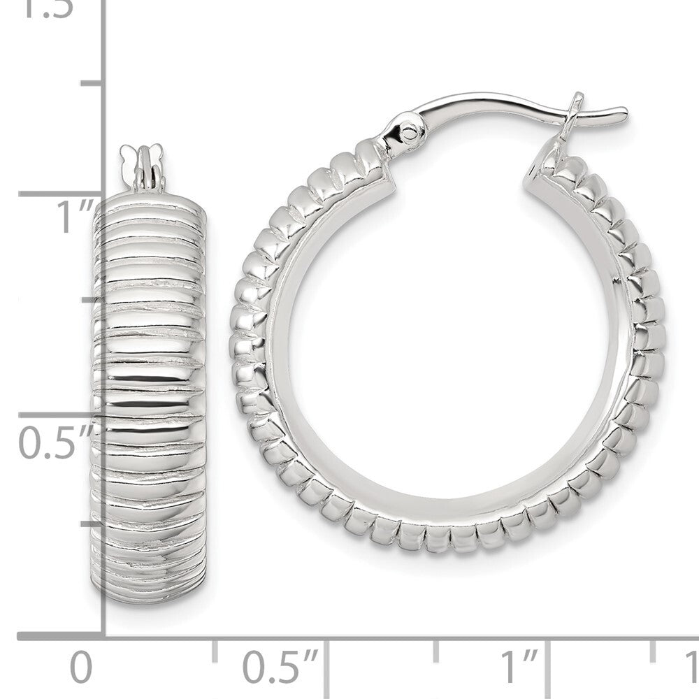 Sterling Silver Polished and Grooved 26x7mm Round Hollow Hoop Earrings