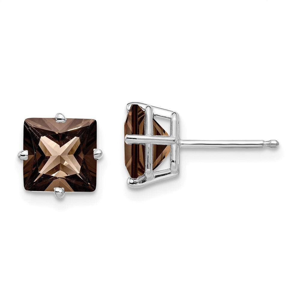 14k White Gold 7mm Square Smoky Quartz Stud Earrings Gift for Women