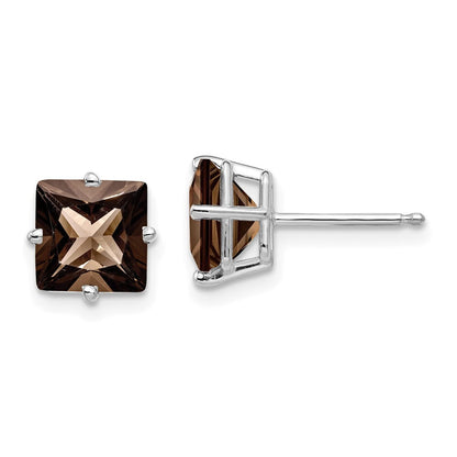 14k White Gold 7mm Square Smoky Quartz Stud Earrings Gift for Women