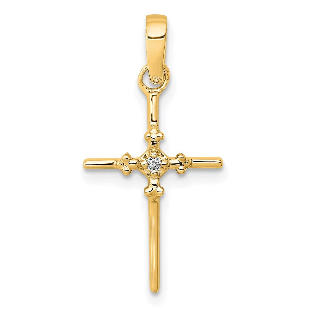14k Yellow Gold .01ct. Diamond Polished Budded Cross Pendant