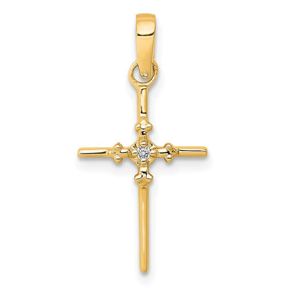 14k Yellow Gold .01ct. Diamond Polished Budded Cross Pendant
