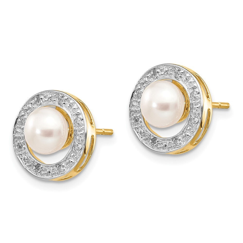 14k Yellow Gold and Rhodium 5-6mm Button FWC Pearl .05ct Diamond Stud Earrings