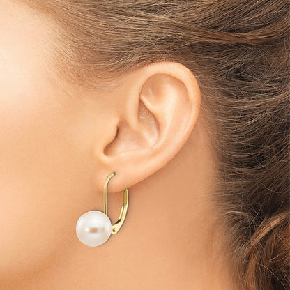 14k Yellow Gold 8-9mm White Round Freshwater Cultured Pearl Leverback Earrings