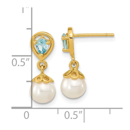 14k Yellow Gold 6-7mm FWC Pearl Light Swiss Blue Topaz Dangle Earrings