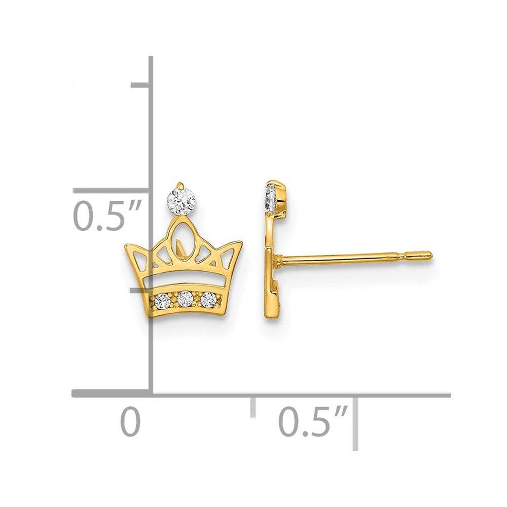 14k Yellow Gold Kids Cubic Zirconia Crown Stud Earrings