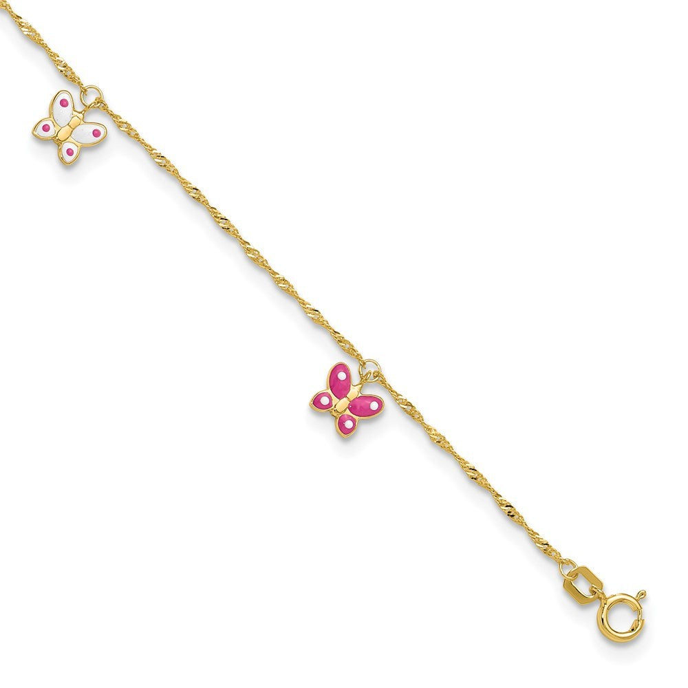14k Yellow Gold Pink and White Enameled Butterfly Dangles 10" Anklet