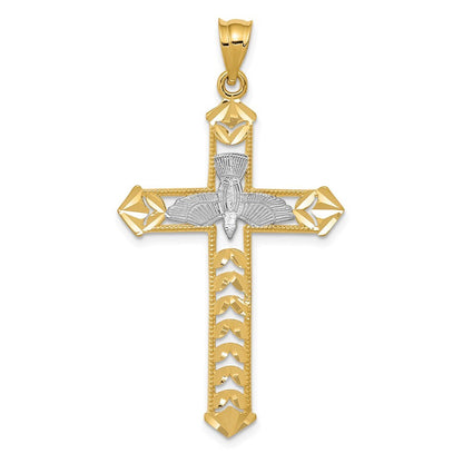 14k Yellow Gold Rhodium Polished Diamond-Cut Dove Cross Pendant