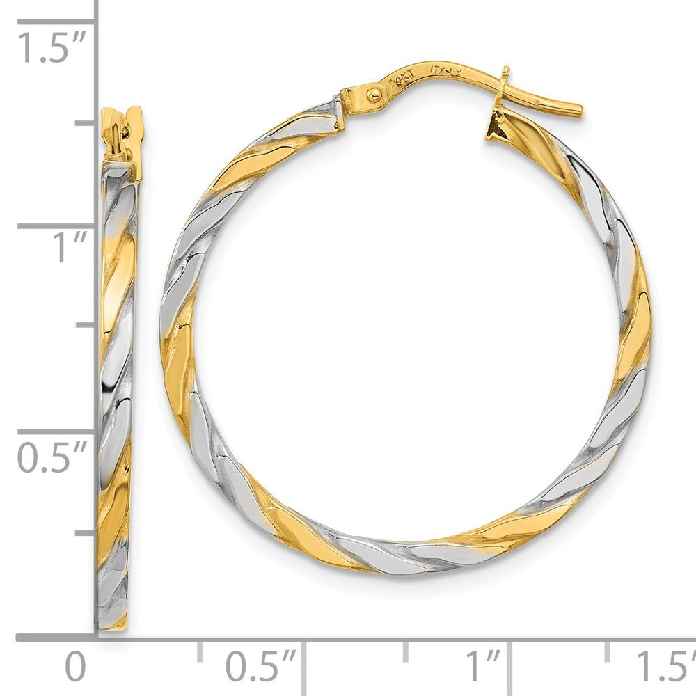 14k Yellow Gold & White Rhodium Polished & Twist Hoop Earrings