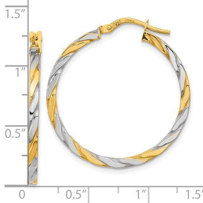 14k Yellow Gold & White Rhodium Polished & Twist Hoop Earrings