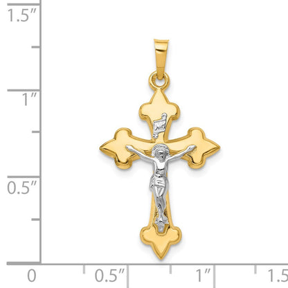 14k Two-tone Gold Polished Fleur de Lis INRI Crucifix Pendant for Women