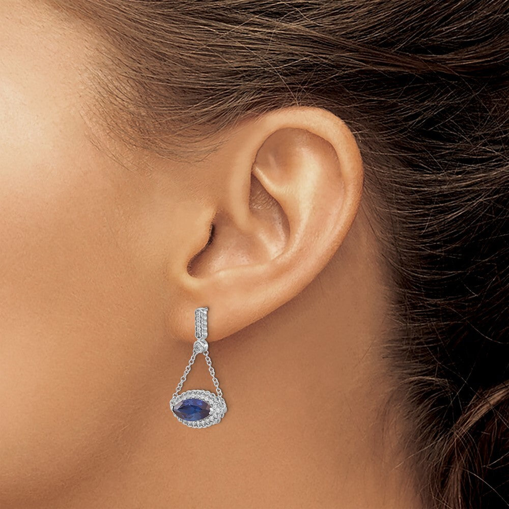 14k White Gold Marquise Created Sapphire and Diamond Drop & Dangle Earrings