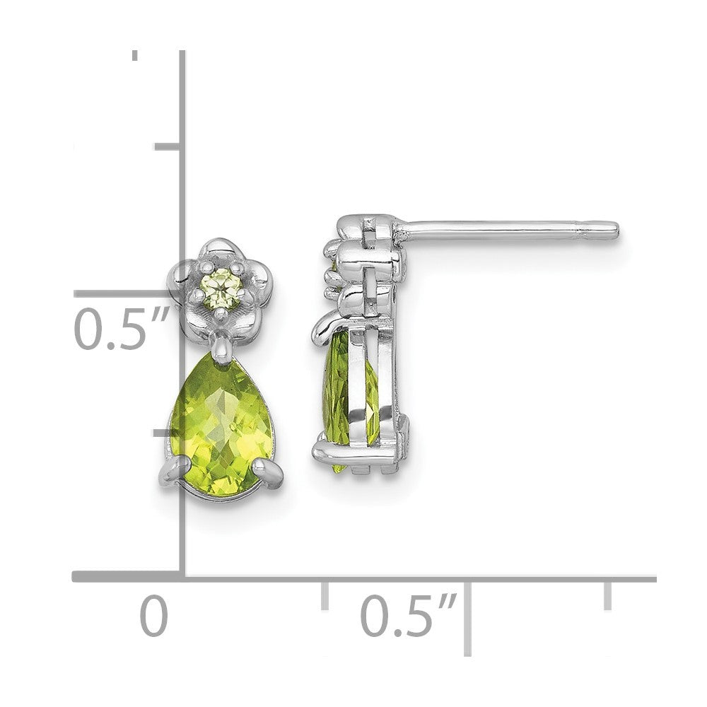 Sterling Silver Rhodium-plated Polished Peridot Teardrop and Flower Earrings
