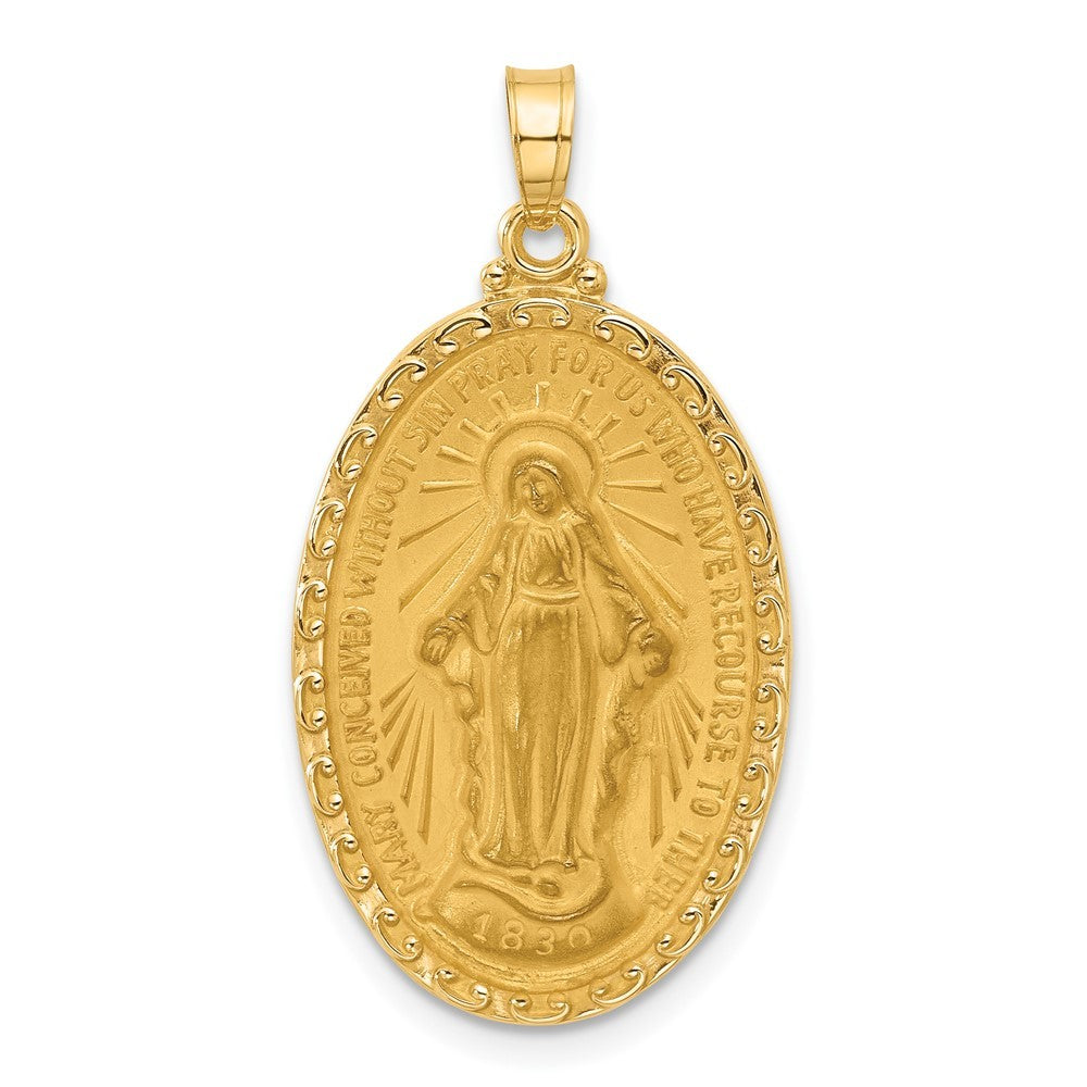 14k Yellow Gold Satin and Polished Miraculous Medal Solid Oval Pendant