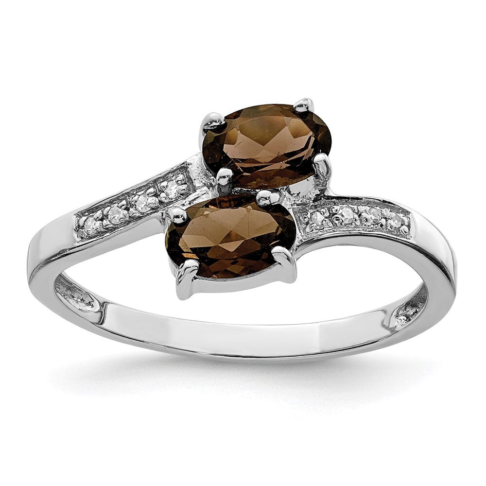 Sterling Silver Rhodium 2 Oval Smoky Quartz & Diamond Ring Size 7