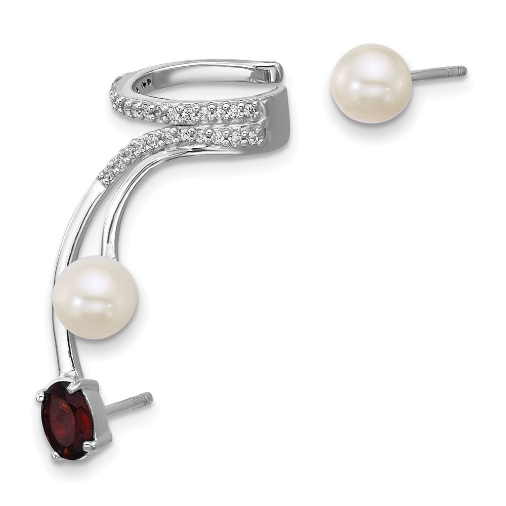 Sterling Silver CZ, Freshwater Cultured Pearl & Garnet Cuff Asymmetric Earrings