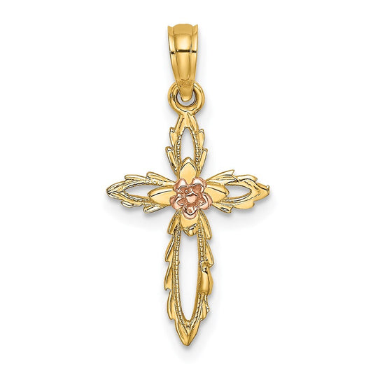 14k Two-tone Gold Cross  Cut-Out Flower Charm Pendant for Women