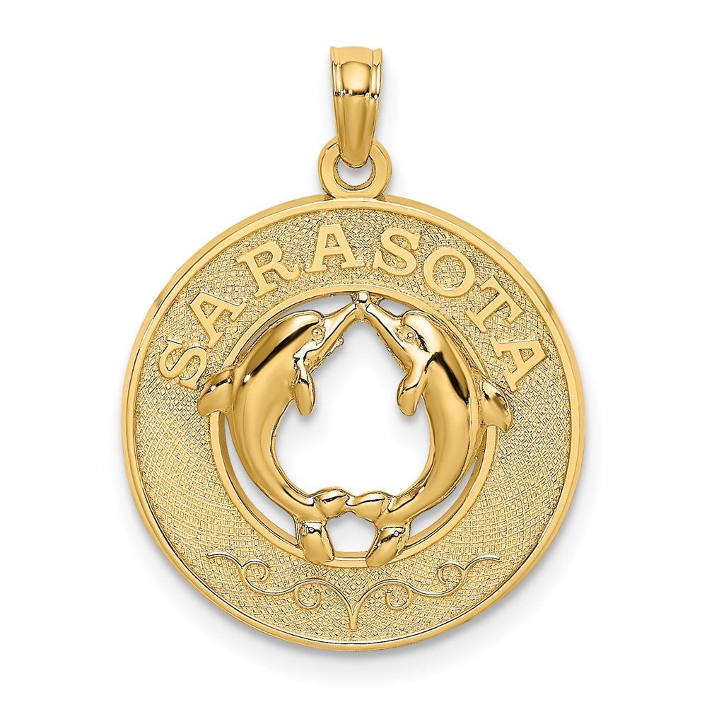 14k Yellow Gold SARASOTA Dolphins Circle Charm Pendant for Women