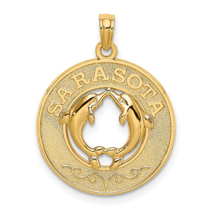 14k Yellow Gold SARASOTA Dolphins Circle Charm Pendant for Women