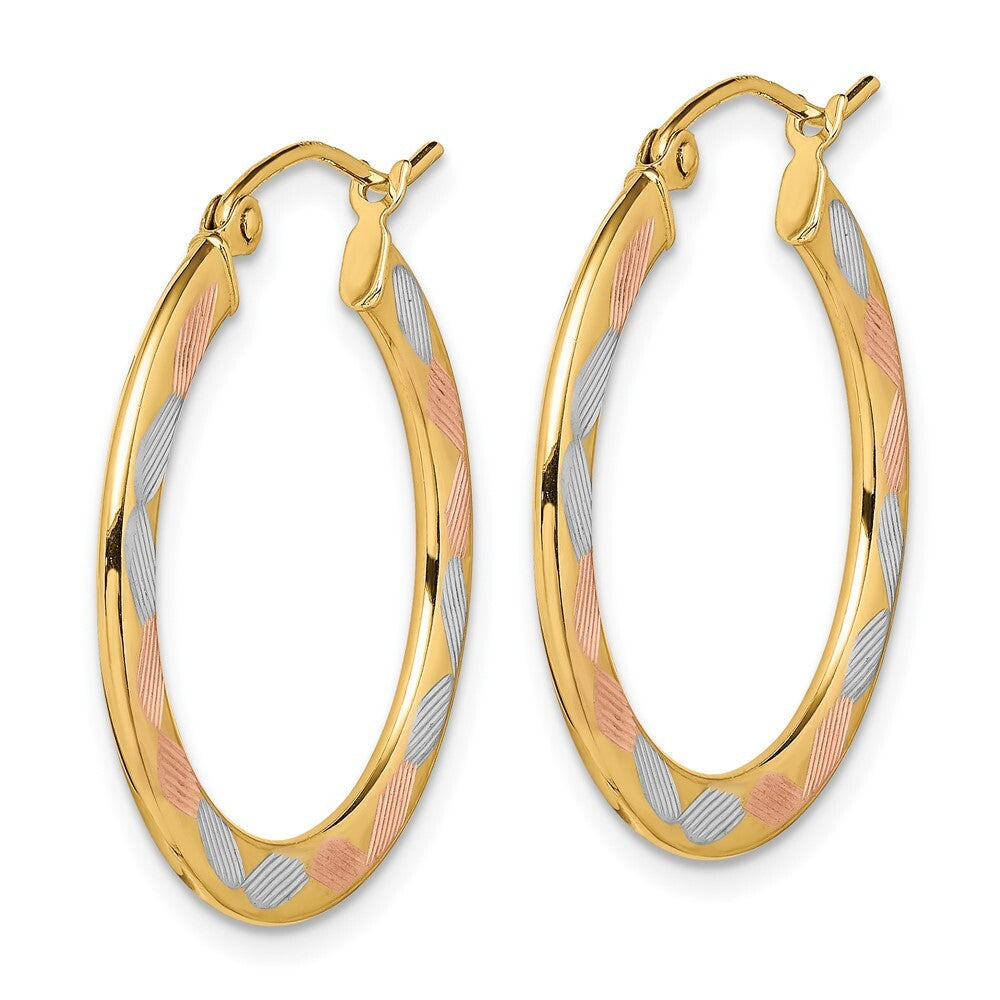 14k Yellow Gold White and Rose Rhodium Diamond-cut Hoop Earrings Gift for Women