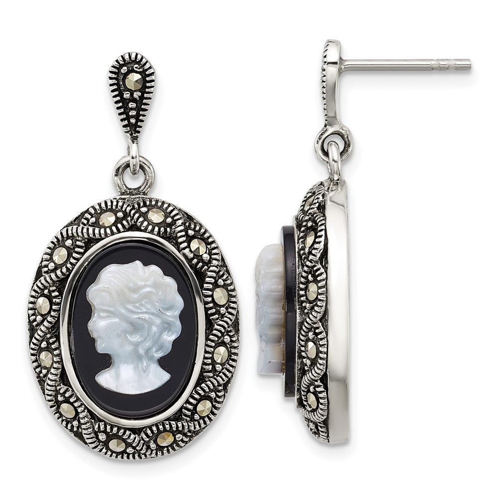 Sterling Silver Marcasite Black Agate and Mother of Pearl Cameo Dangle Earrings