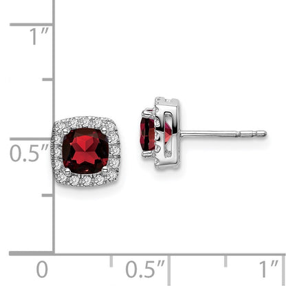 14k White Gold Cushion Garnet and Diamond Halo Stud Earrings