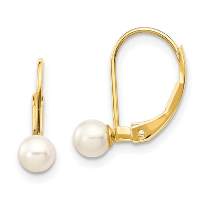 14k Yellow Gold 4-5mm White Round Freshwater Cultured Pearl Leverback Earrings