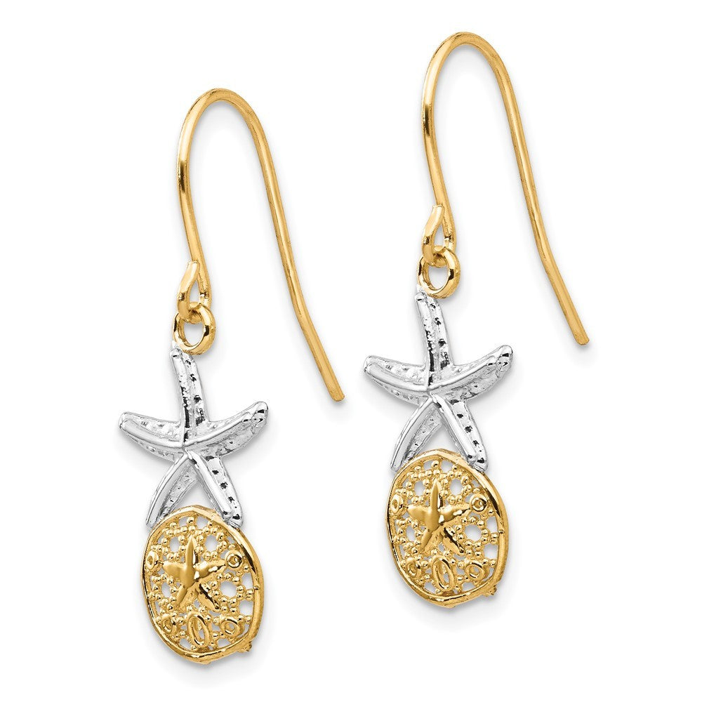 14k Yellow Gold Rhodium Starfish Sand Dollar Drop Dangle Earrings Shepherd Hook
