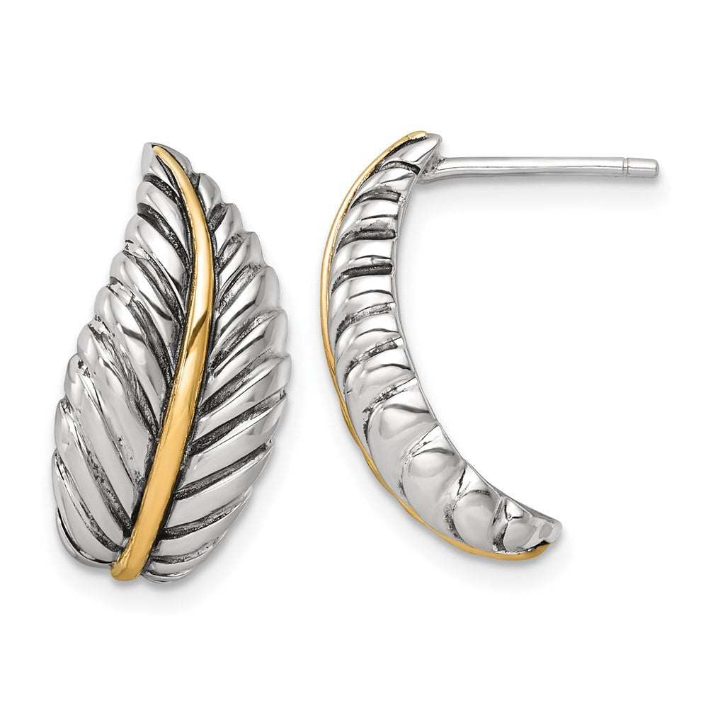 Sterling Silver Antiqued with 14k Accent Polished Feather Earrings