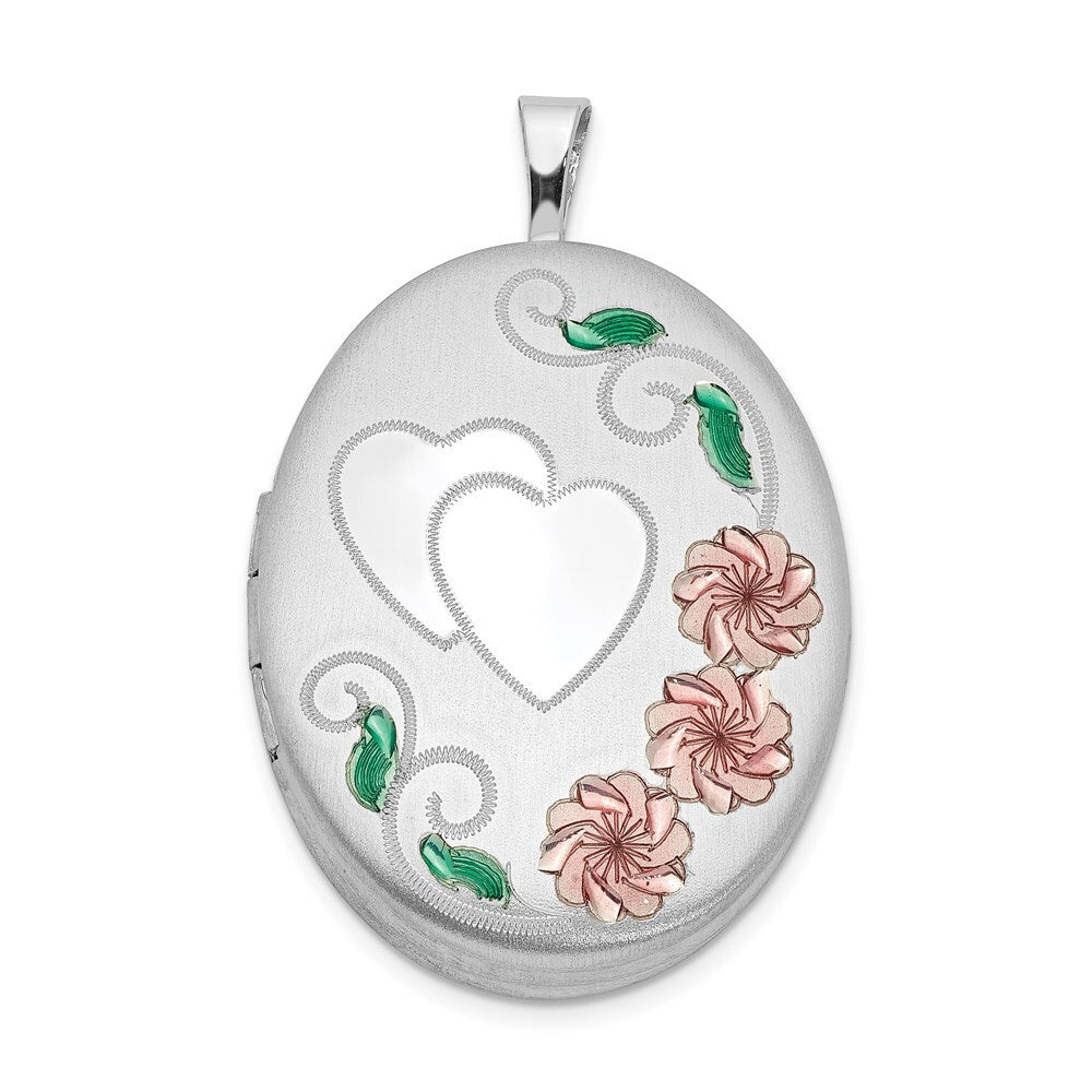 Sterling Silver Satin Enamel & Diamond-cut Floral & Heart Oval Locket