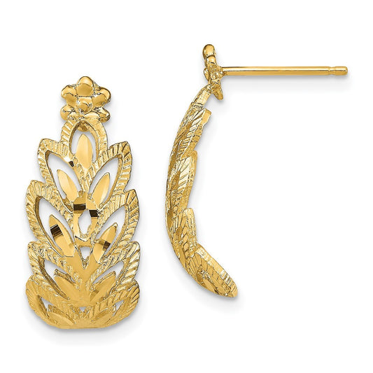 14k Yellow Gold Diamond-Cut Leaf Pattern Earrings
