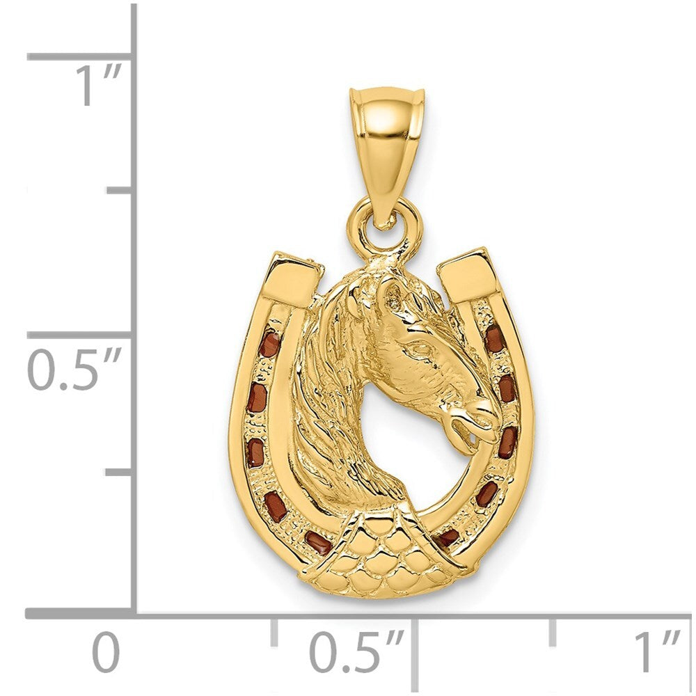 14k Yellow Gold Horse Head In Horseshoe  Enameled Charm Pendant for Women