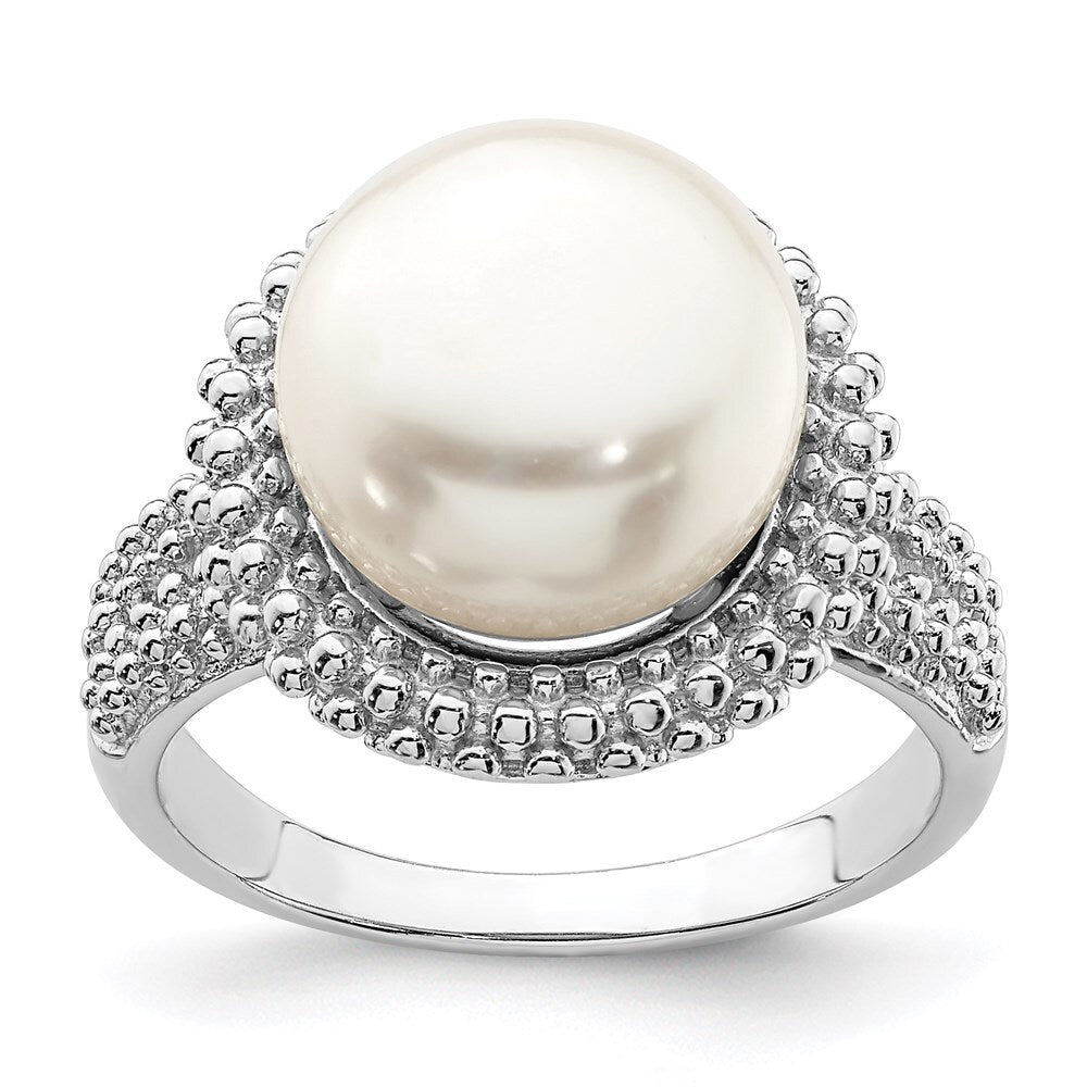 Sterling Silver Rhod-plat 11-12mm White FWC Pearl Ring Size 6