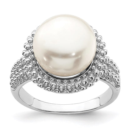 Sterling Silver Rhod-plat 11-12mm White FWC Pearl Ring Size 6