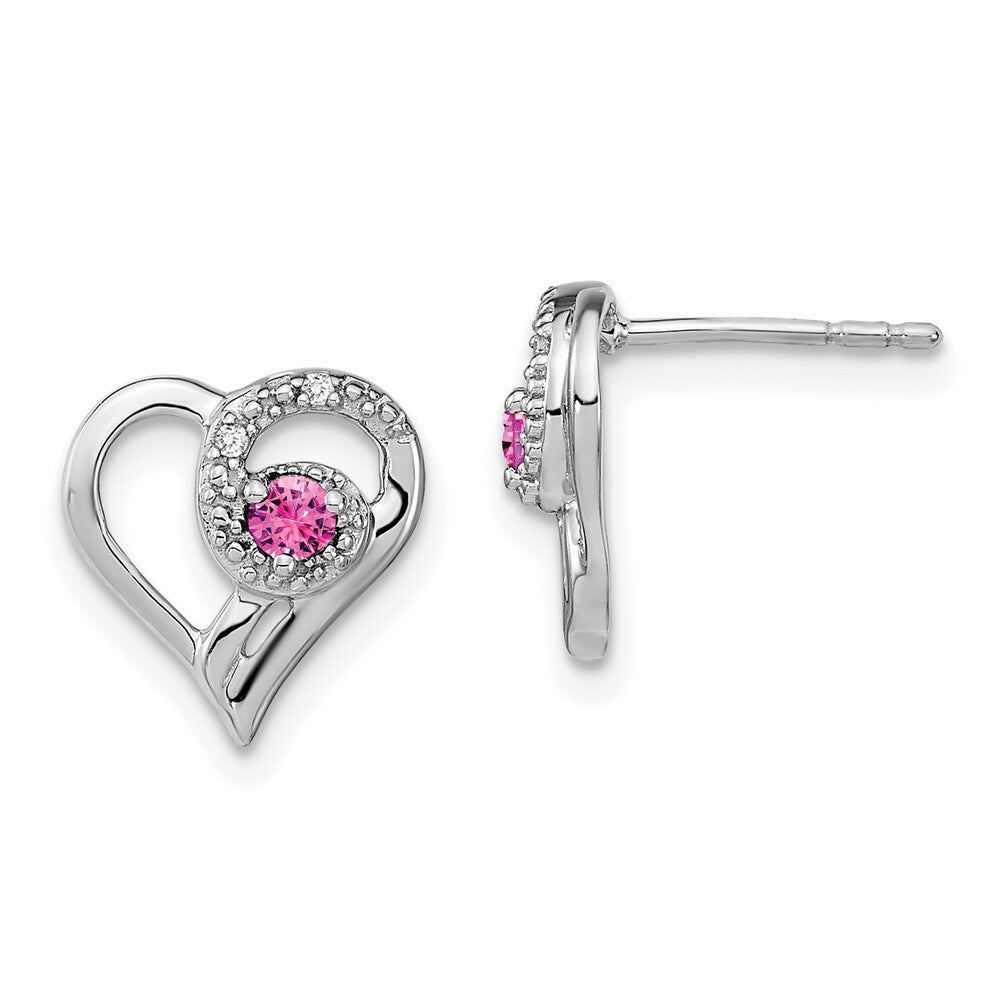 14k White Gold Pink Sapphire and Diamond Heart Stud Earrings