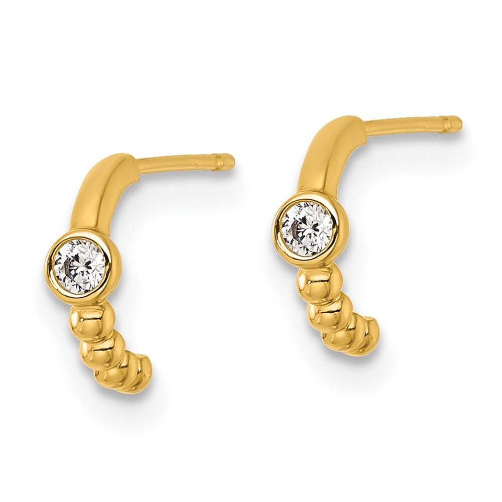 14k Yellow Gold Polished and Beaded Cubic Zirconia C-Hoop Earrings